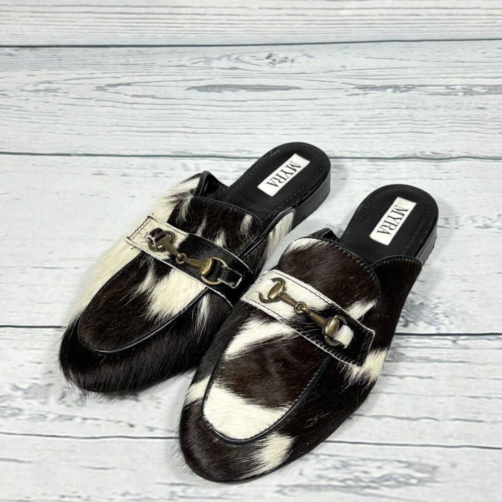 Myra Mules Flats Size 7 Cowhide Hair Womens Gold Buckle Loafer Style Western